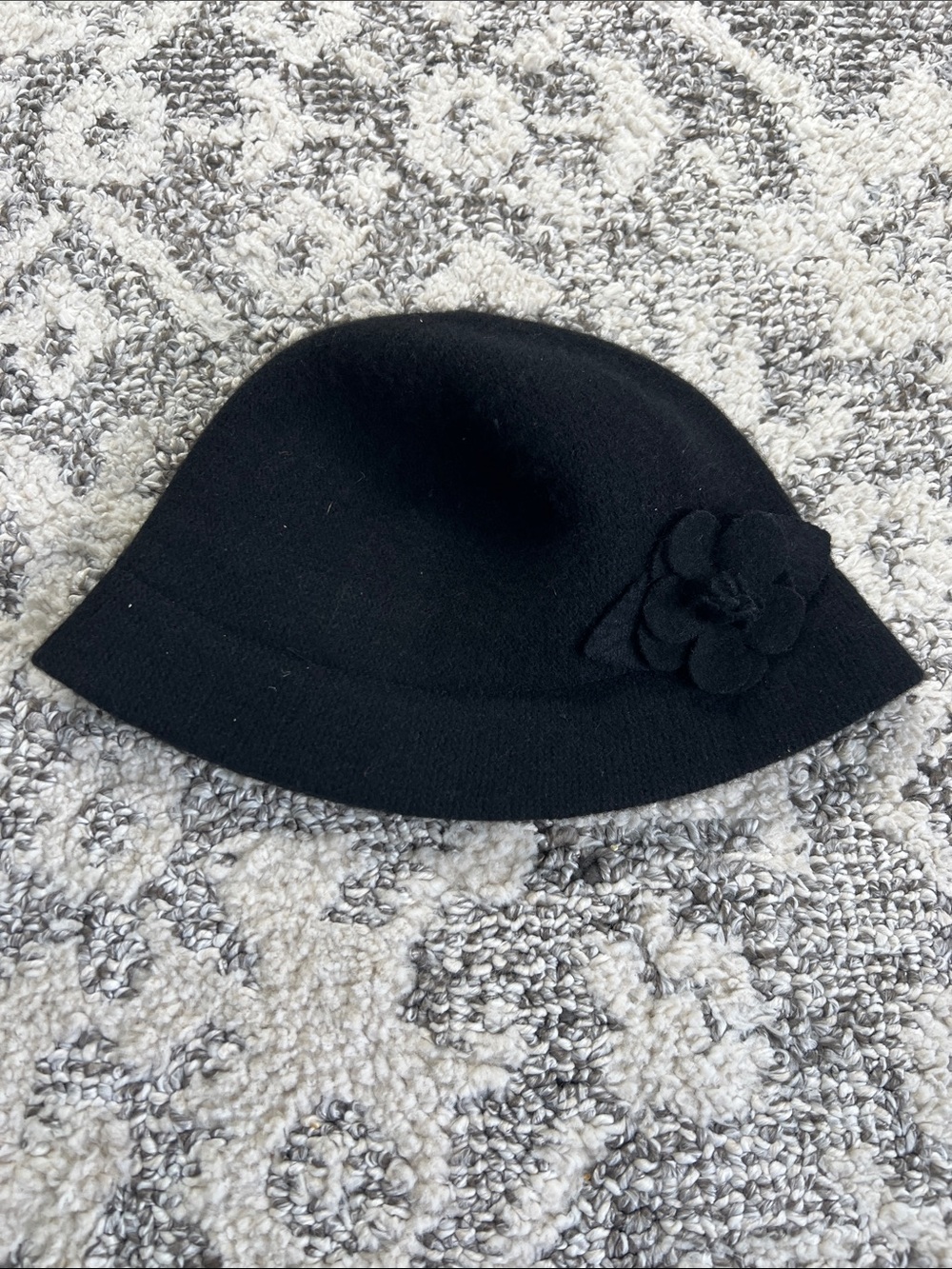 Women's Black Wool Cloche Hat with Floral Accent